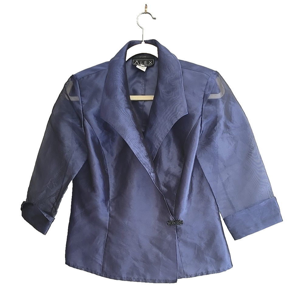 Vtg Alex Evenings Navy Blue Sheer 3/4 Sleeve Formal Formal Blazer‎ Womans Large